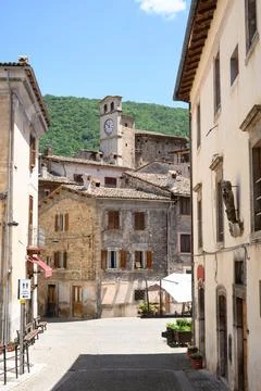 Clock tower and historic square in Scanno Abruzzo Italy Stock Photos