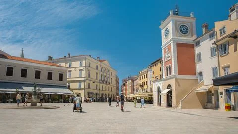 Clock tower and main square Marsala Tita in Rovinj, Croatia. Stock Photos
