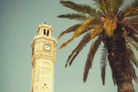 Clock tower and palm tree on Konak Square Stock Photos