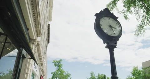 Clock tower and shops on main street in Greenwich Connecticut Stock Footage 203981175