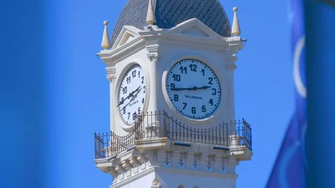 Clock on the tower of the Authority building of the port of Valencia, Spain  Stock Footage 104112317