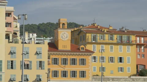 The clock tower of a beautiful building in Port Lympia, Nice Vídeos de archivo 61071287
