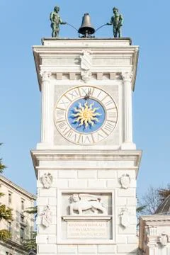 Clock tower, with bell and robots to play it Stock Photos