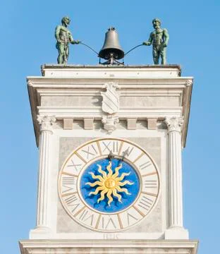 Clock tower, with bell and robots to play it. Stock Photos