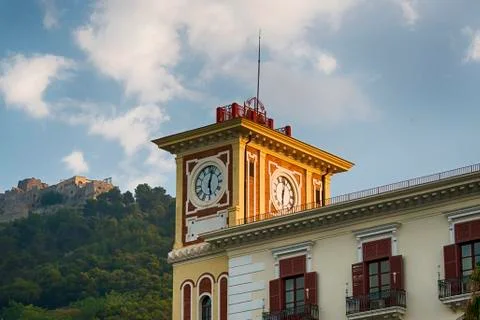 Clock tower with bells on clear blue sky Stock Photos