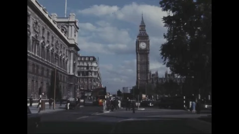 Clock tower of Big Ben in London city - 1969 Stock Footage 104332108
