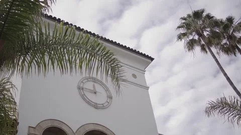 Clock Tower in California Coming Into Sharp Focus With Palm Trees Stock Footage 333223077