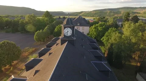 Clock-tower chapel aerial flight Stock Footage 53223214