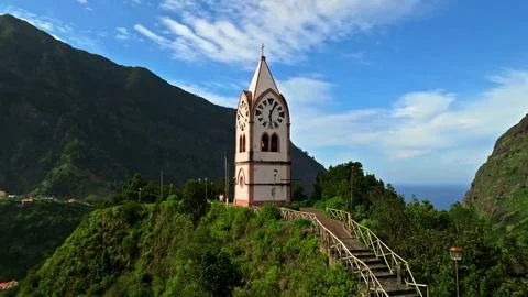 Clock Tower Chapel on Mountain Ridge in Madeira Stock Photos