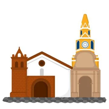 Clock tower with church Ilustración de archivo