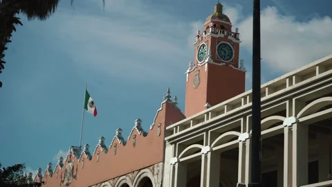 Clock tower with clouds background time lapse in Mexico, Merida Stock Footage 168580573