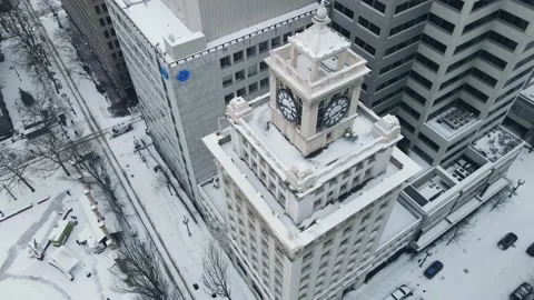 Clock tower covered in snow during winter in Portland Stock-Footage 162848836