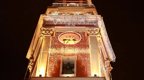 Clock tower decorated with Christmas lights Stock Footage 65335194