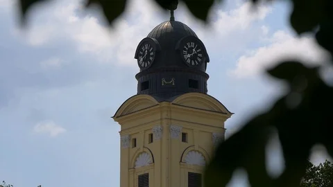 Clock Tower In European City View Through Tree Branches Stock Footage 98354341