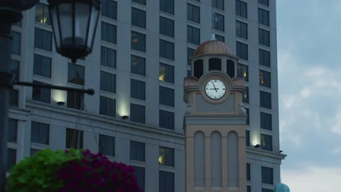 Clock tower on Fallsview Blvd, Niagara Falls, Ontario Stock Footage 218223828