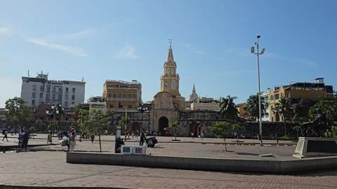Clock Tower Gate Across Sunny Open Plaza, Cartagena, Colombia 8K Stock Footage 331501252
