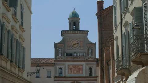 Clock tower historic italian square handheld pan shot Stock Footage 342650812