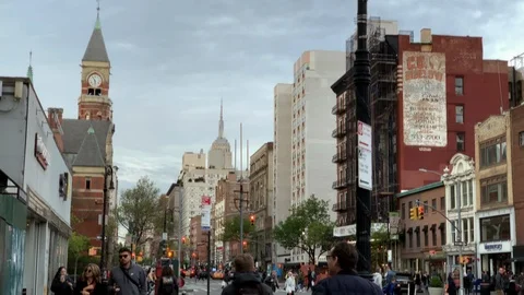 Clock tower Jefferson Market Library Empire State Building West Village NYC Stock Footage 107337511