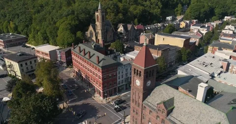 Clock Tower in Jim Thorpe PA, North Street, Drone Shot Stock Footage 284636488