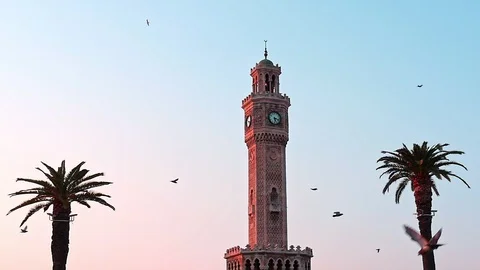 Clock tower in Konak square, city center of Izmir. Turkey. The famous clock Stock Footage 98219755