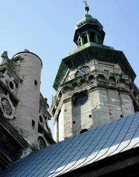 Clock tower. medieval architecture. ancient clock on the tower of the old church Stock Photos