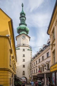 Clock tower of Michael's Gate in bratislava center Stock Photos