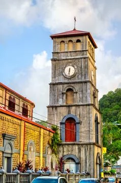 Clock tower of the Minor Basilica of the Immaculate Conception in Castries,... 스톡 사진
