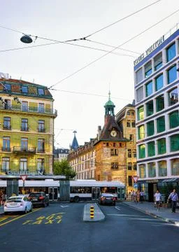 Clock tower at Molard Square in Geneva city center Stock Photos