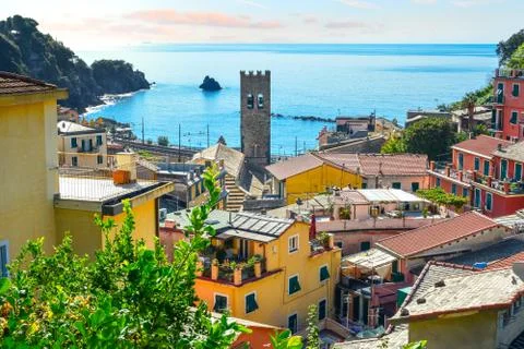 The clock tower of Monterosso al Mare, Italy Stock Photos