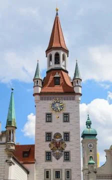 Clock tower of Munich Old Town Hall on central square Marienplatz Stock-Fotos