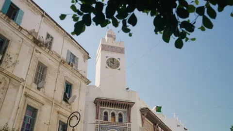 Clock Tower Of The Museum Of Modern Art Of Algiers In Algeria. Low Angle Stock Footage 243273611