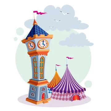 Clock tower next to which there are circus tents, isolated object on white ba Stock-Illustration