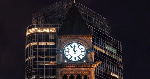 Clock Tower Night Time Old Gothic Architecture Toronto Stock Footage 85141924