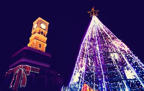 Clock tower in night time Stock Photos