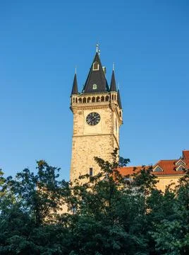 Clock tower in the old square in the center of prague. Stock Photos