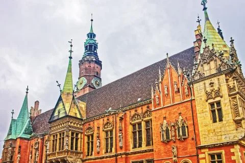 Clock tower of Old Town Hall at Market Square Wroclaw Stock Photos