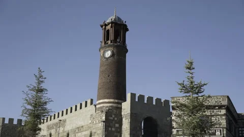 Clock tower outside view, castle walls Stock Footage 218920156