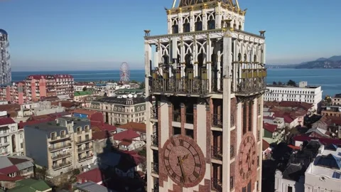 Clock tower on Piazza square. Batumi from a height, sights of Georgia Stock Footage 238032753