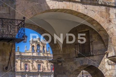 Clock tower in Plaza Mayor of Salamanca, Spain. Exterior image shot from public Stock Photos