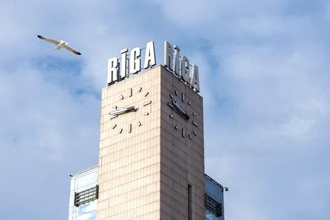 The clock tower of Riga Central Station in Riga Stock Photos