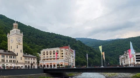 Clock Tower Rosa Khutor. Panorama. TimeLapse. Sochi, Russia Stock Footage 54382439
