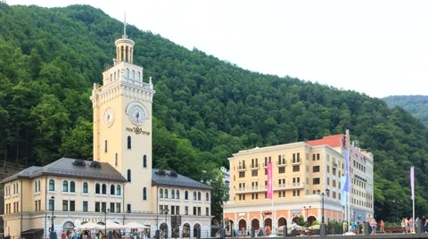 Clock Tower Rosa Khutor. Panorana. TimeLapse. Sochi, Russia. 1280x720 Video stock 53100884