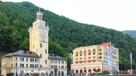 Clock Tower Rosa Khutor. Panorana. TimeLapse. Sochi, Russia. 4K Stock Footage 53101679