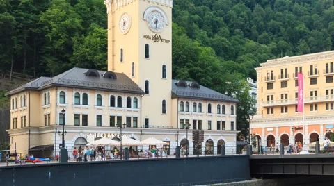 Clock Tower Rosa Khutor at sunset, Time Lapse. Sochi, Russia. 1280x720 스톡 동영상 53101175