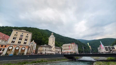 Clock Tower Rosa Khutor at sunset. Zoom. Time Lapse. Sochi, Russia. 1280x720 Video stock 54377288