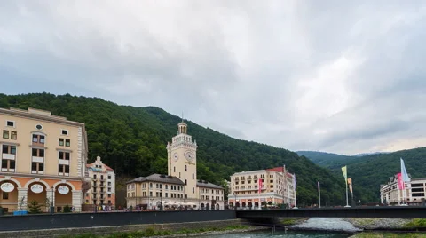 Clock Tower Rosa Khutor at sunset,Time Lapse. Sochi, Russia. 4K 스톡 동영상 54376831