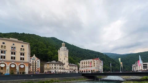 Clock Tower Rosa Khutor at sunset,Time Lapse. Sochi, Russia. 1280x720 스톡 동영상 54376891