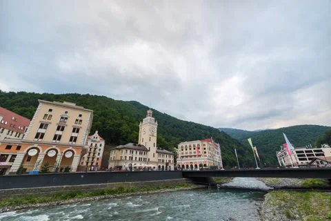 Clock Tower Rosa Khutor at sunset,Time Lapse. Sochi, Russia. 4K+ 스톡 동영상 54380651