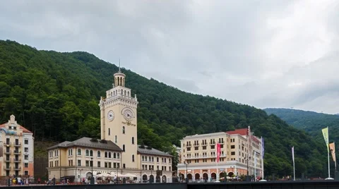 Clock Tower Rosa Khutor, Time Lapse. Sochi, Russia 스톡 동영상 54382172