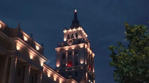Clock Tower of the Russian Railways Building in Voronezh historical center Stock Footage 132780445